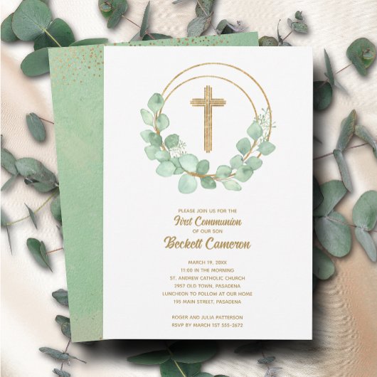 Elegant Eucalyptus First Communion Einladung
