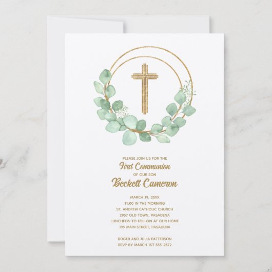 Elegant Eucalyptus First Communion Einladung (Vorderseite)