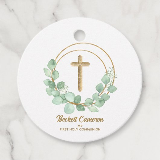 Elegant Eucalyptus First Communion Geschenkanhänger (Vorderseite)