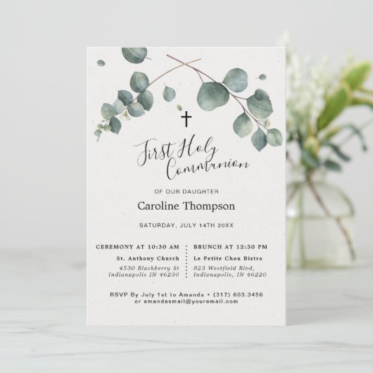 Elegant Eucalyptus First Holy Communion Einladung (Stehend Vorderseite)
