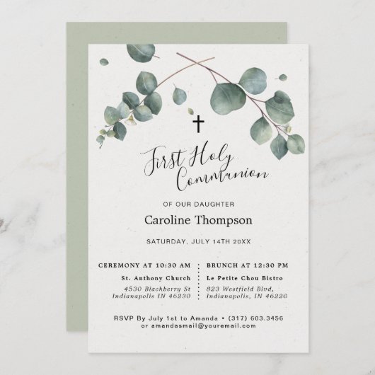 Elegant Eucalyptus First Holy Communion Einladung (Vorne/Hinten)