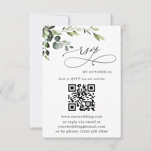 Elegant Eucalyptus Floral Wedding QR Code RSVP Karte (Vorderseite)