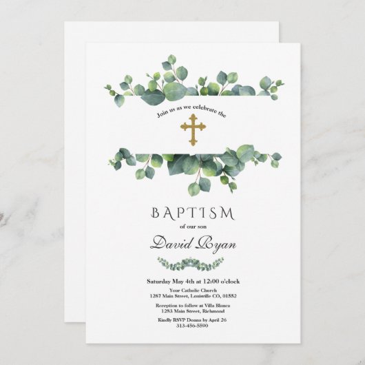 Elegant Eucalyptus Foliage Frame Gold Taufe Einladung (Vorne/Hinten)