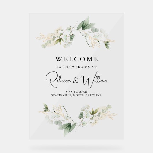 Elegant Eucalyptus Foliage Wedding Welcome Acrylschild (Vorderseite)