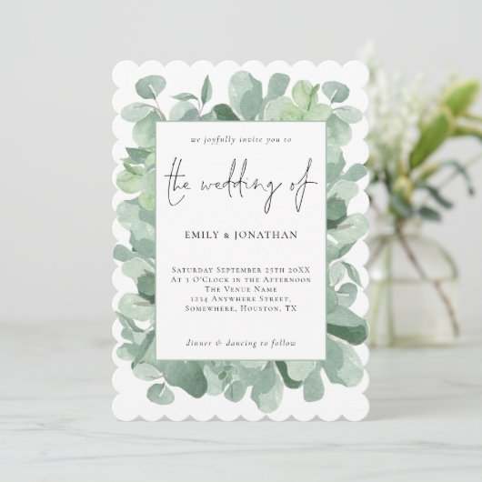 Elegant Eucalyptus Frame Script Wedding Einladung (Stehend Vorderseite)