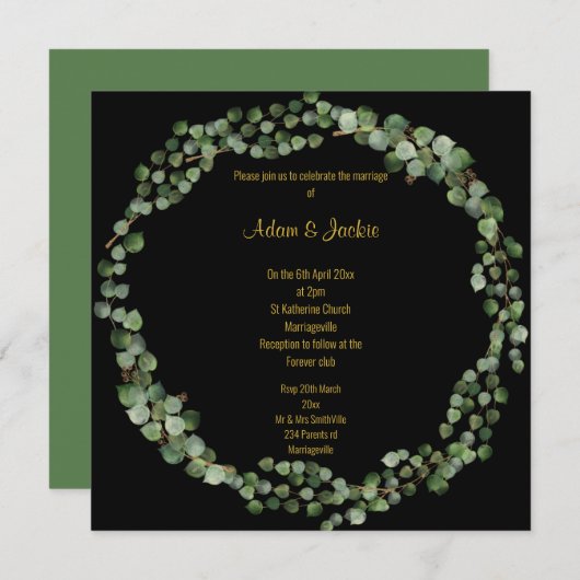Elegant Eucalyptus Full Wreath Wedding Black Einladung (Vorne/Hinten)