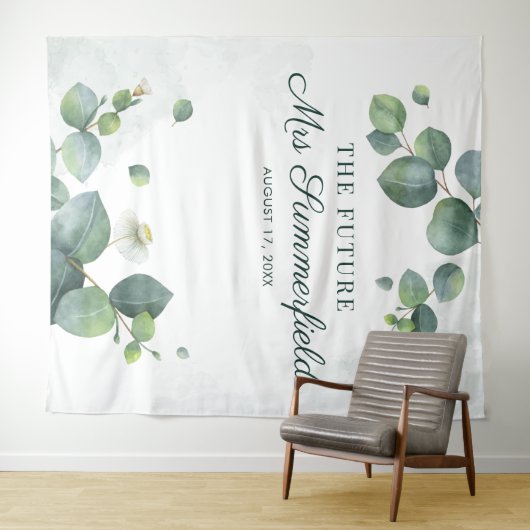 Elegant Eucalyptus Future Mrs. Foto Booth Hintergr Wandteppich (Beispiel (Horizontal))