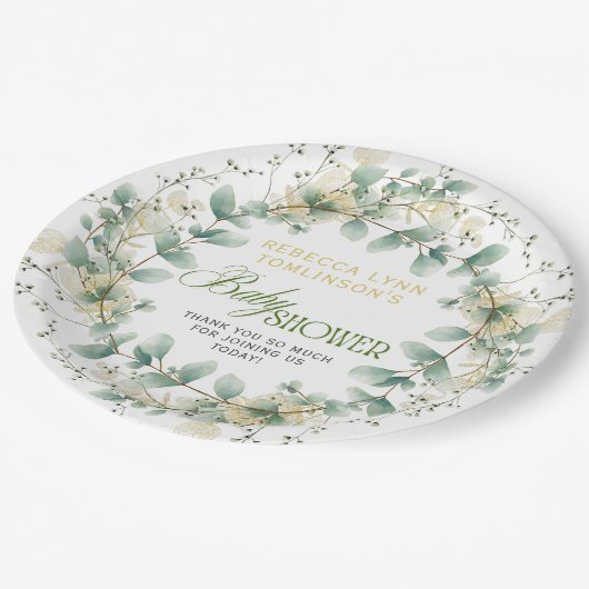 Elegant Eucalyptus Gender Neutral Baby Shower Pappteller (Schrägansicht)
