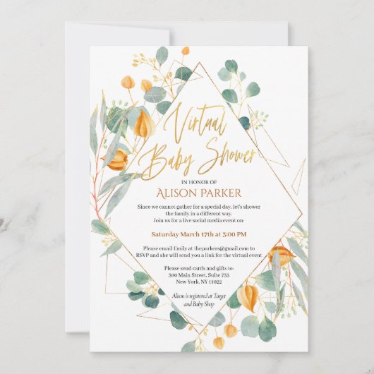 Elegant Eucalyptus Geometric Virtual Baby Shower Einladung (Vorderseite)
