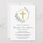 Elegant Eucalyptus Gold Cross Script Taufe Einladung (Vorderseite)