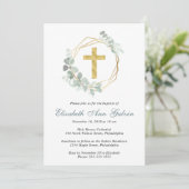 Elegant Eucalyptus Gold Cross Script Taufe Einladung (Stehend Vorderseite)