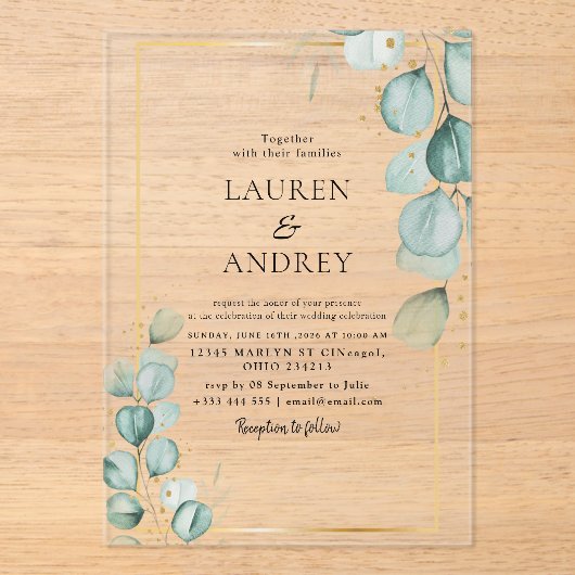 Elegant Eucalyptus Gold Frame Wedding Acryleinladungen (Vorderseite)
