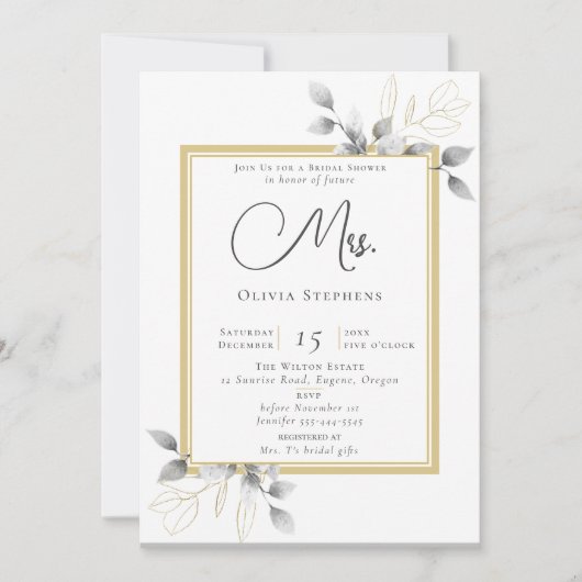 Elegant Eucalyptus Gold Future Mrs. Brautparty Einladung (Vorderseite)