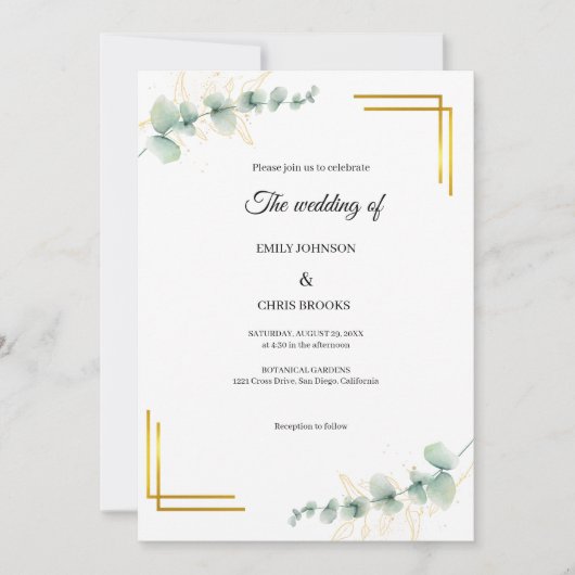 Elegant Eucalyptus Gold Wedding Einladung (Vorderseite)