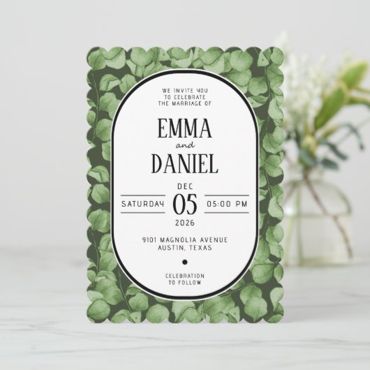 Elegant Eucalyptus Green Leaves Wedding Invitation Einladung (Stehend Vorderseite)