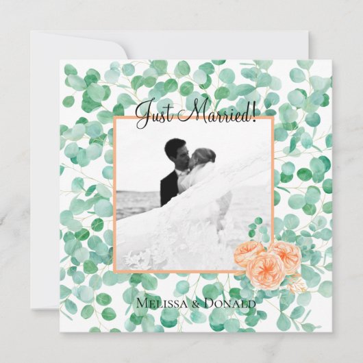 Elegant Eucalyptus Green Peach Floral Just Married (Vorderseite)
