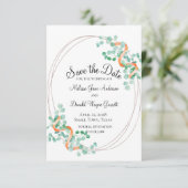 Elegant Eucalyptus Green Peach Floral Save The Date (Stehend Vorderseite)