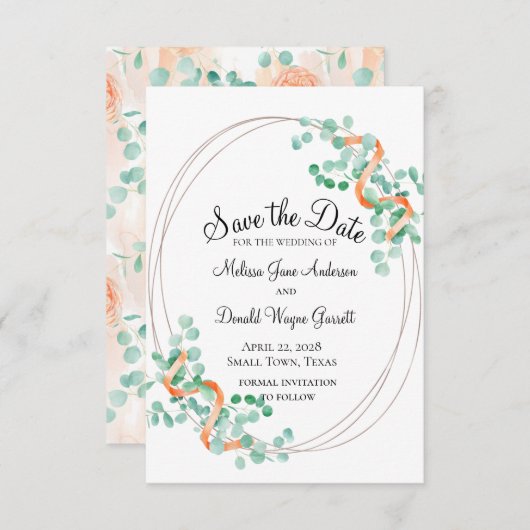 Elegant Eucalyptus Green Peach Floral Save The Date (Vorne/Hinten)