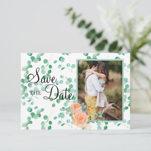 Elegant Eucalyptus Green Peach Floral Save The Date (Stehend Vorderseite)