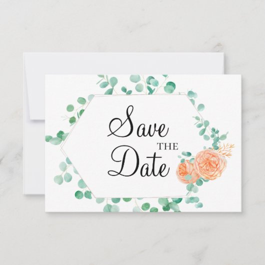 Elegant Eucalyptus Green Peach Floral Save The Date (Vorderseite)