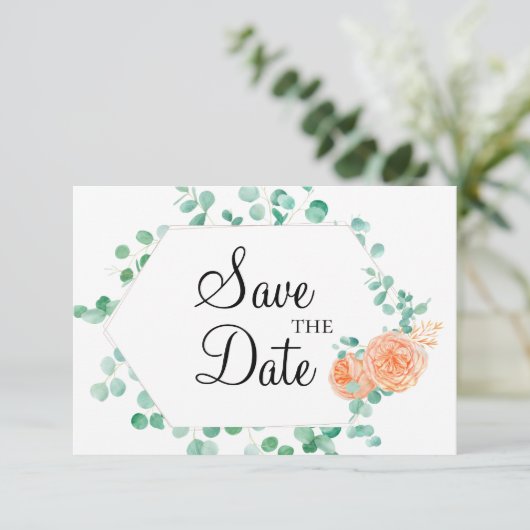 Elegant Eucalyptus Green Peach Floral Save The Date (Stehend Vorderseite)