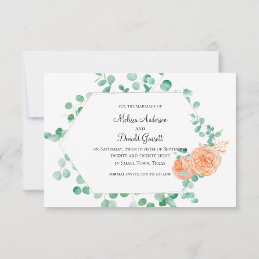 Elegant Eucalyptus Green Peach Floral Save The Date (Rückseite)