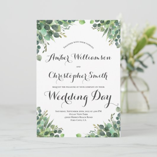 Elegant Eucalyptus Greenerage Foliage Blätter Wedd Einladung (Stehend Vorderseite)
