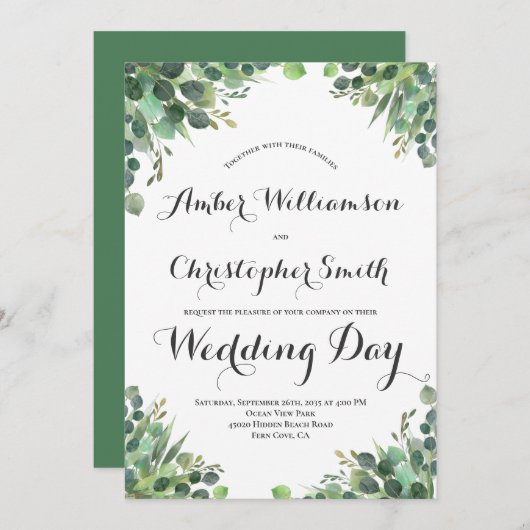 Elegant Eucalyptus Greenerage Foliage Blätter Wedd Einladung (Vorne/Hinten)