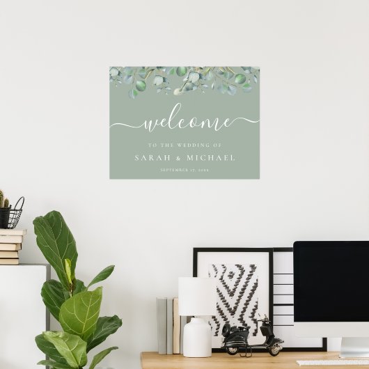 Elegant Eucalyptus Greenerenerity Wedding Welcome Poster (Heimbüro)