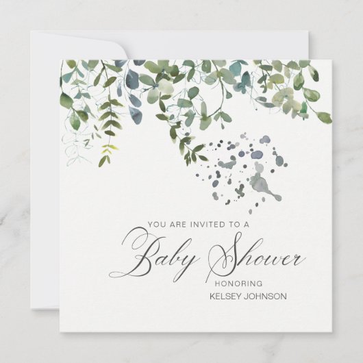 Elegant Eucalyptus Greenerenery Script Baby Shower Einladung (Vorderseite)
