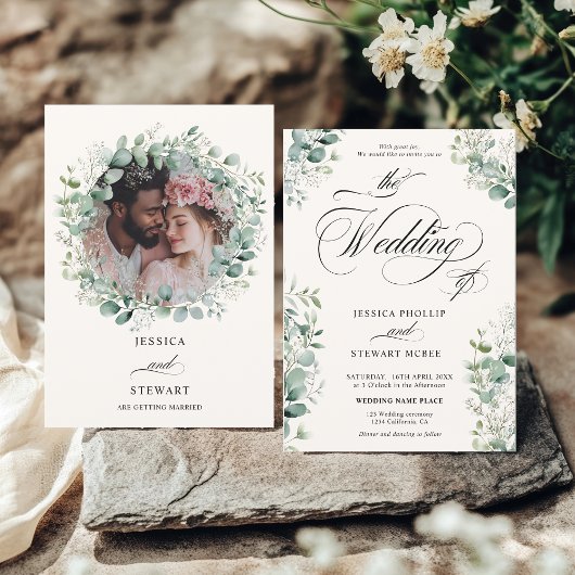 Elegant Eucalyptus Greenerenery Script Foto Weddin Einladung