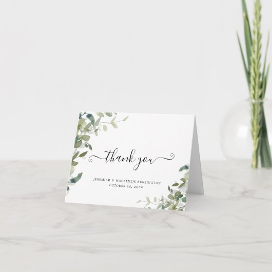 Elegant Eucalyptus Greenerenery Script Wedding Dankeskarte (Vorderseite)