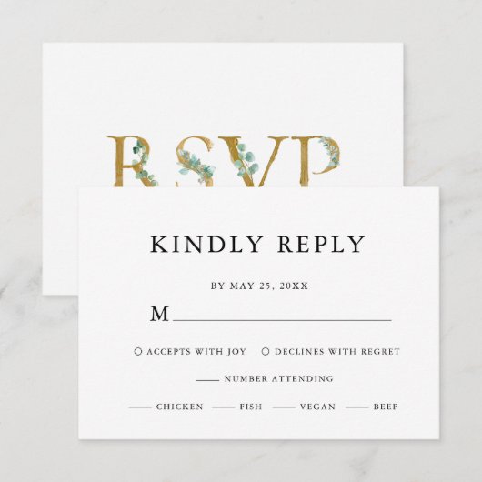 Elegant Eucalyptus Greenerity Black Script Wedding RSVP Karte (Vorne/Hinten)