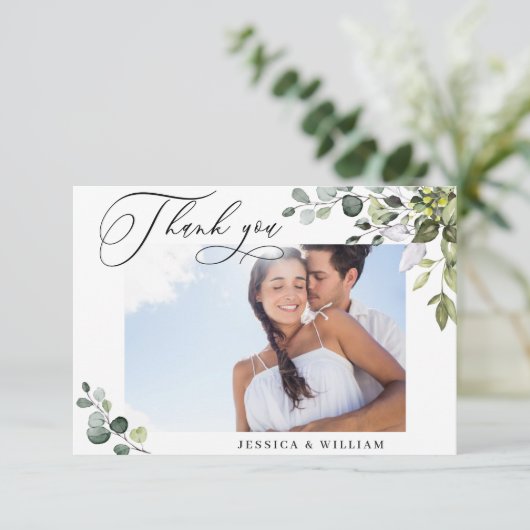 Elegant Eucalyptus Greenerity FOTO Wedding Dankeskarte (Stehend Vorderseite)