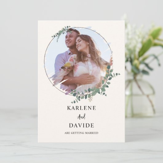 Elegant Eucalyptus Greenerity Script-Foto Einladung (Stehend Vorderseite)