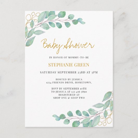 Elegant Eucalyptus Greenery Baby Shower Einladungspostkarte (Vorderseite)