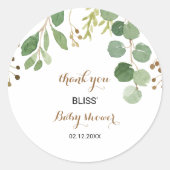 Elegant Eucalyptus Greenery Baby Shower Vielen Dan Runder Aufkleber (Vorderseite)