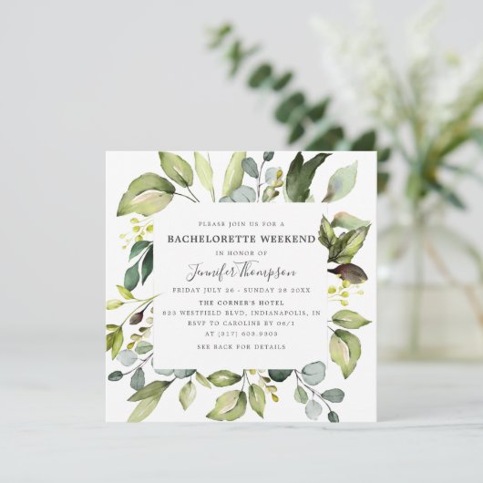 Elegant Eucalyptus Greenery Bachelorette Weekend Einladung (Stehend Vorderseite)