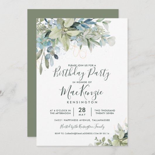Elegant Eucalyptus Greenery Birthday Party Einladung (Vorne/Hinten)