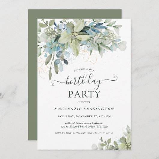 Elegant Eucalyptus Greenery Birthday Party Einladung (Vorne/Hinten)