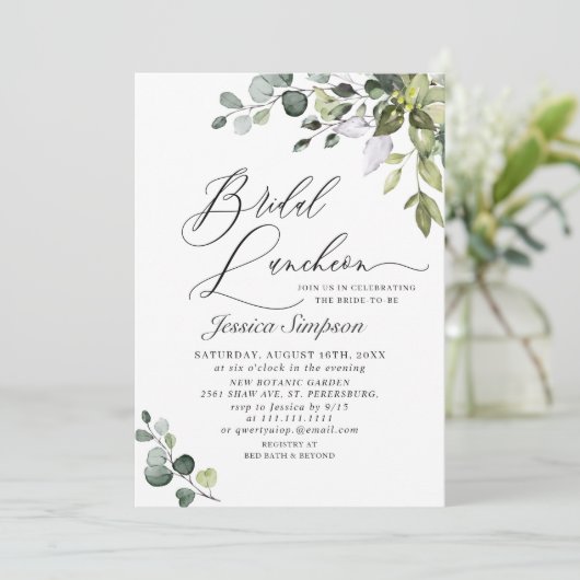 Elegant Eucalyptus Greenery Bridal Luncheon Einladung (Stehend Vorderseite)