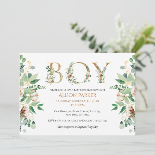 Elegant Eucalyptus Greenery Gold Baby Boy Shower Einladung (Stehend Vorderseite)