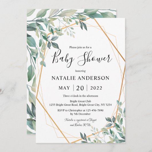 Elegant Eucalyptus Greenery Gold Frame Baby Dusche Einladung (Vorne/Hinten)