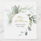 Elegant Eucalyptus Greenery Gold Mr. & Mrs. Wine Weinetikett (Einzelnes Label)