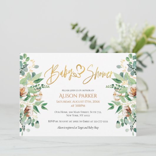Elegant Eucalyptus Greenery Gold Typografy Einladung (Stehend Vorderseite)