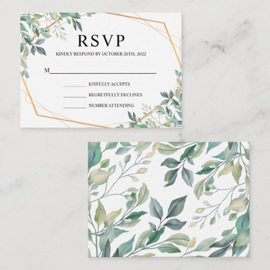 Elegant Eucalyptus Greenery Gold Wedding RSVP Begleitkarte (Vorne/Hinten)