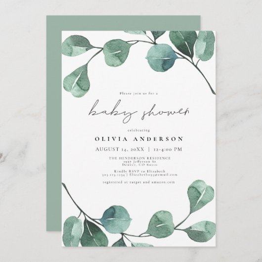 Elegant Eucalyptus Greenery Leaf Baby Shower Einladung (Vorne/Hinten)