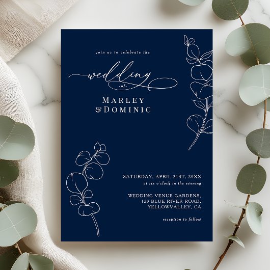 Elegant Eucalyptus Greenery Navy Blue Wedding Einladung
