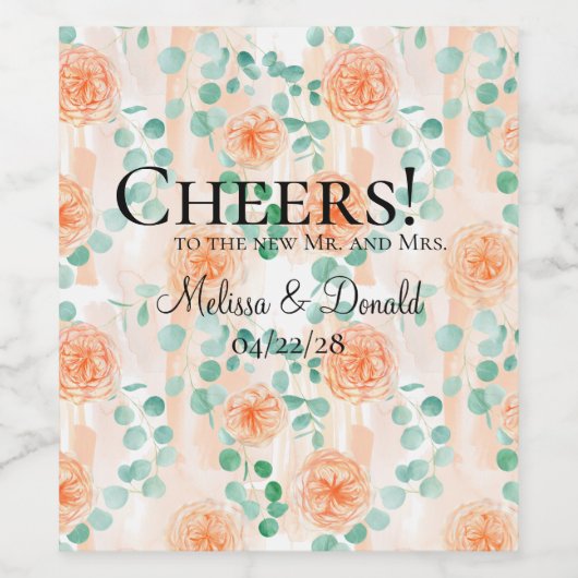 Elegant Eucalyptus Greenery Peach Floral Weinetikett (Einzelnes Label)