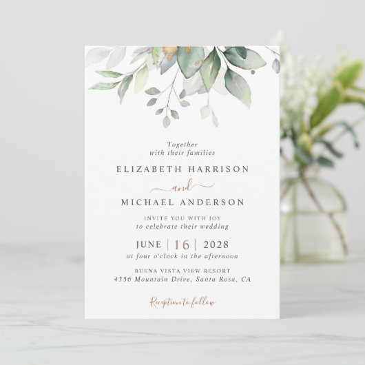 Elegant Eucalyptus Greenery QR Code Wedding Einladung (Stehend Vorderseite)